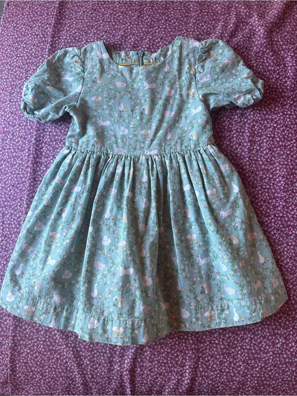 Mini Boden Mint Green Bunny & Floral Puff Sleeve Dress